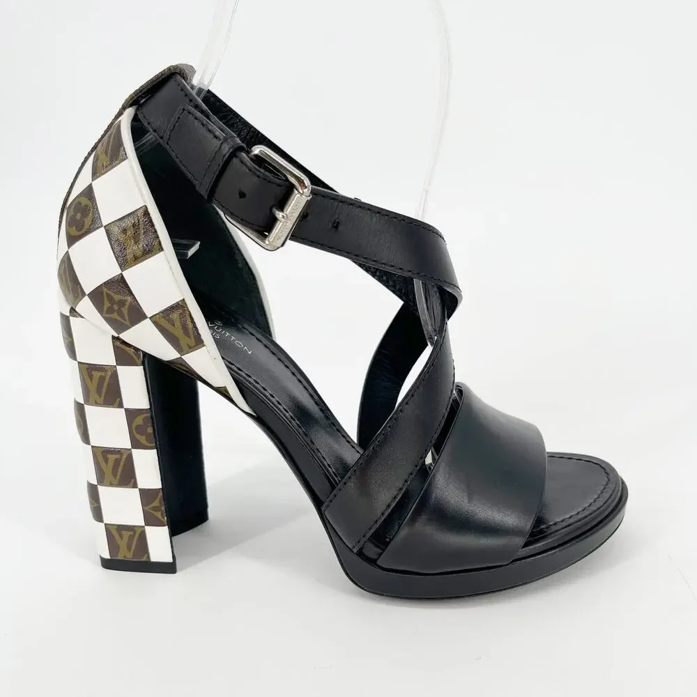 Louis Vuitton Black Monogram Damier Tressage Matchmake Check Heel Sandals EU 37